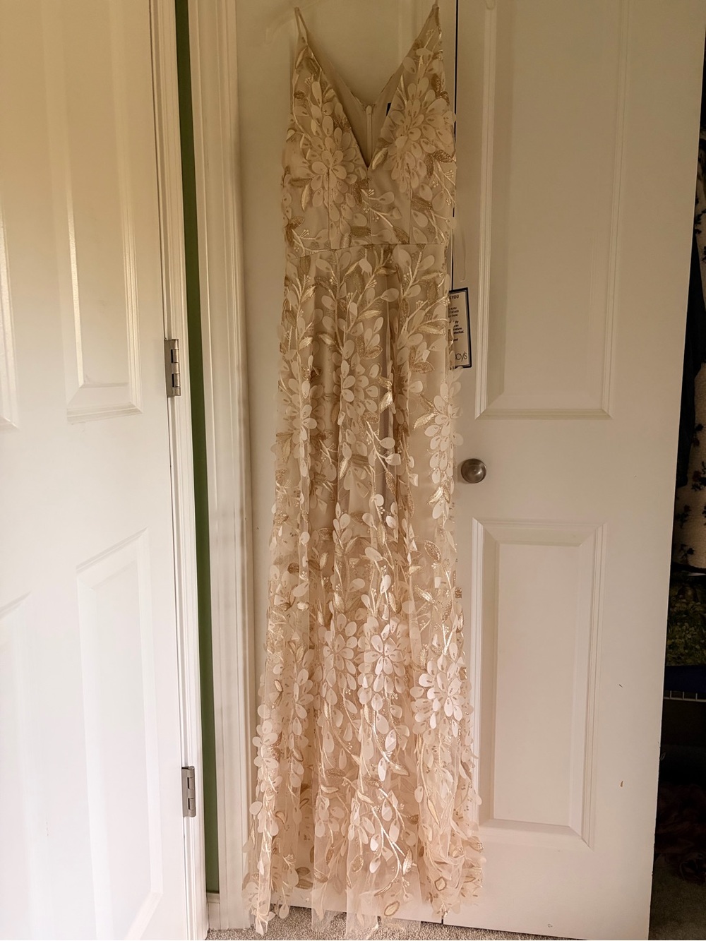 Xscape Cream Lace Embroidered Spaghetti Strap Gown